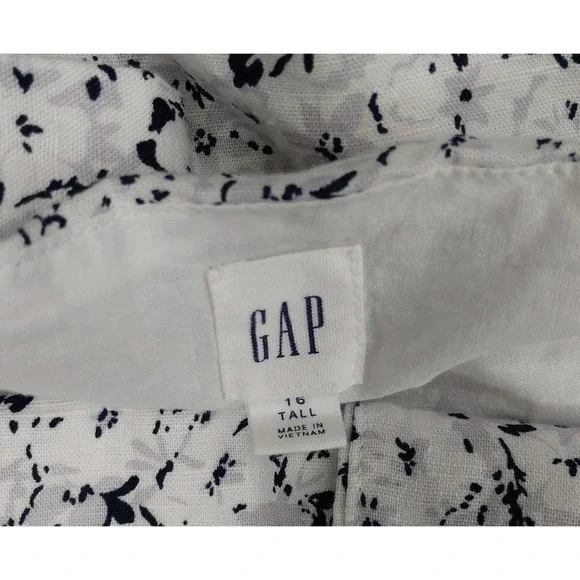 Gap White Grey Black Floral Linen Bib Front Button Down Dress w Pockets 16 Tall - Picture 8 of 9